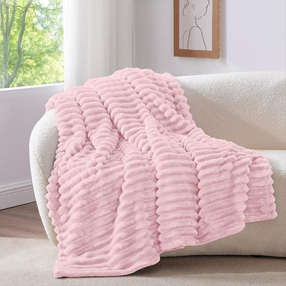 BEDELITE Twin Blanket for Couch & Bed, 300GSM Soft & Warm Fleece Blanket, Decorative and Giftable Striped Cherry Blossom Blankets for Women, Men, 60"x80"