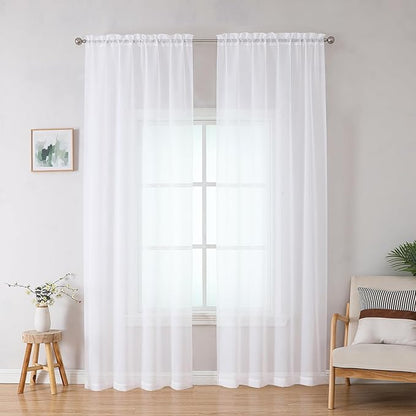 Simplebrand Sheer White Curtains 96 Inches Long, Light Filtering Rod Pocket Solid Color Window Sheer Curtain Panels, Elegant Curtains & Drapes for Living Room, Bedroom 2 Panels (White, 42" W x 96" L)