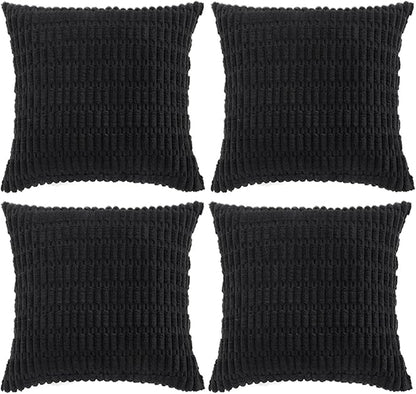Fancy Homi 4 Packs Boho Black Decorative Throw Pillow Covers 22x22 Inch for Living Room Couch Bed Sofa, Rustic Modern Farmhouse Home Decor, Soft Plush Corduroy Cute Square Cushion Case 55x55 cm