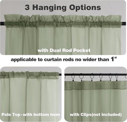 Chyhomenyc Sage Green Sheer Valances for Windows - Light Filtering Small Kitchen Curtains, Rod Pocket Short Top Window Treatment Decor for Living Room Bathroom Basement, 42Wx16L inches, 2 Panels