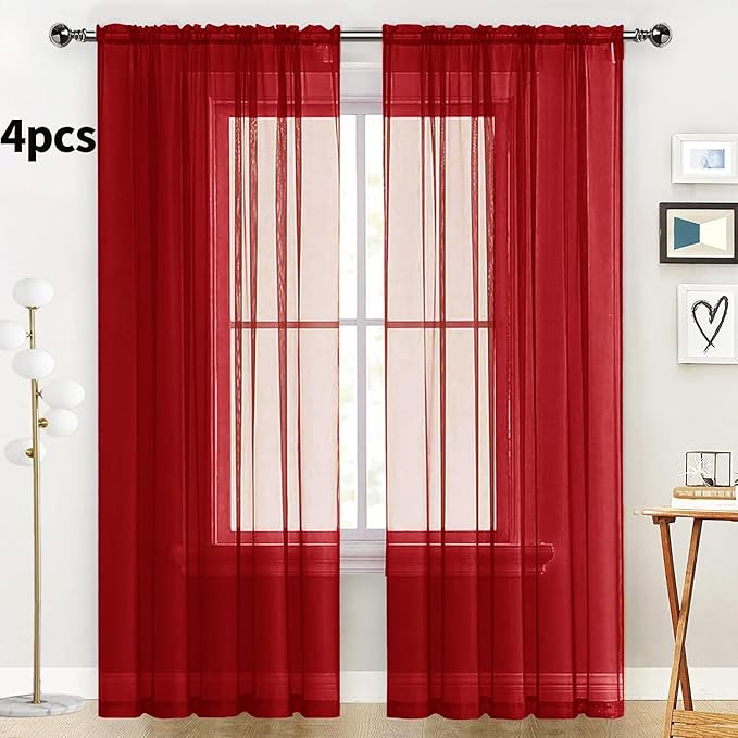 SpaceDresser Christmas Red Sheer Curtains 4 Panels Rod Pocket Semi-Sheer Curtain 63 Inches Long Light Filtering Voile Window Drapes for Bedroom Living Room Kitchen, Each 52W x 63L