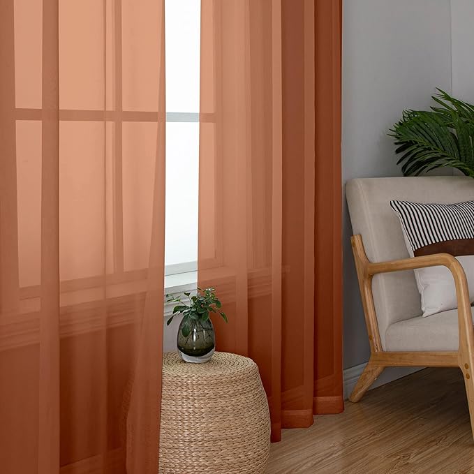 Chyhomenyc Orange Sheer Curtains 72 Inch Length 2 Panels, Light Filtering Soft Airy Rod Pocket Voile Window Curtain Drapes for French Door Bedroom Living Room, Each 42Wx72L Inches