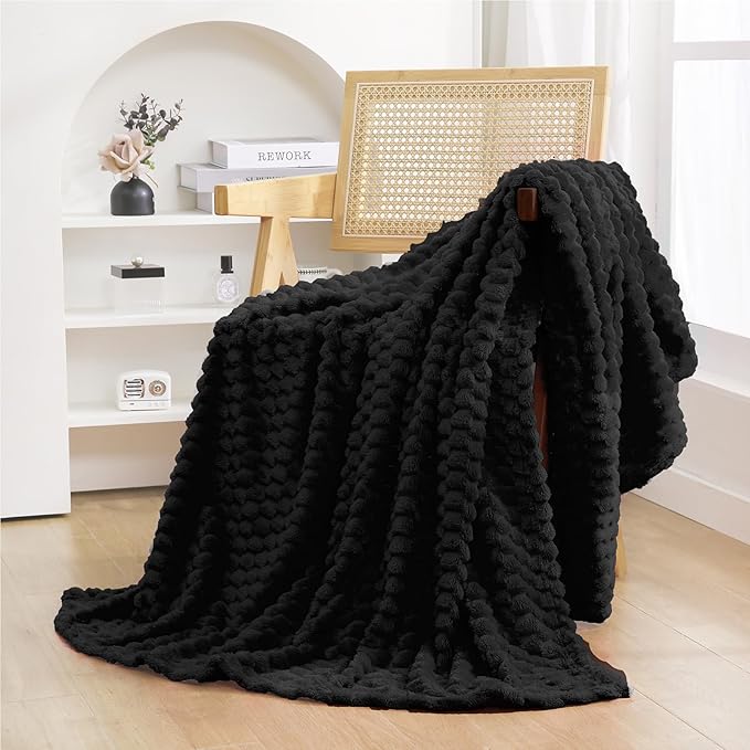 Puncuntex Black Throw Blanket 60"×80" inches Fuzzy 3D Jacquard Decorative Flannel Fleece Super Soft Plush Cozy Blanket for Couch Sofa Chair Lightweight