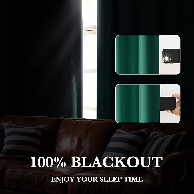 RYB HOME 100% Blackout Short Curtains for Small Window, Thermal Insulated Total Room Darkening Noise Reducing Curtains for Kitchen Bathroom Basement, 42 inches Wide by 36 inches Long, Dark Green