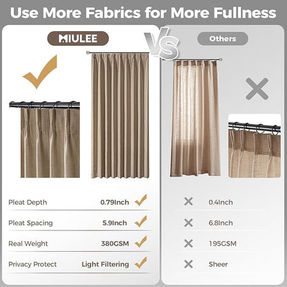 MIULEE Pinch Pleated Thick Linen Curtains 84 Inches Long 2 Panels for Living Room Bedroom, Memory Trained Pleat Drapes Back Tab Light Filtering Country Farmhouse Brown Burlap Curtains with Hooks&Rings