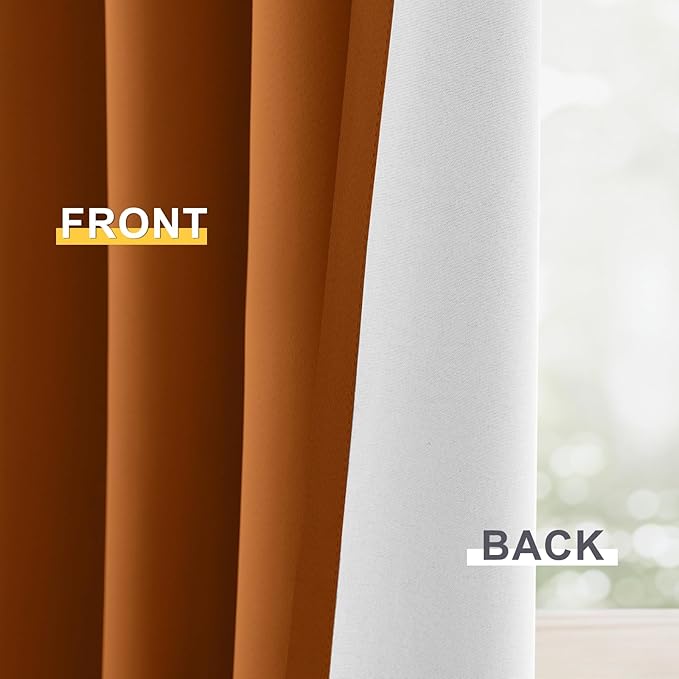 Yakamok 100% Blackout Curtain Panels 63 inches Cold and Light Blocking Drapes for Nursery, 2 Thick Layers Thermal Insulated Draperies (2 Pieces, 50 Wide Each Panel, Burnt Orange/White Backing)