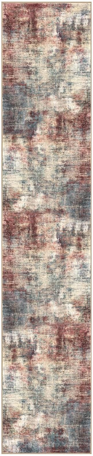 IOHOUZE Abstract Runner Rug 3x14 Ft Washable Runners for Hallways, Non Slip Kitchen Runner Printed Faux Wool Entryway Runner Indoor, Modern Abstract Floor Carpet for Hall Stair, Red/Multi