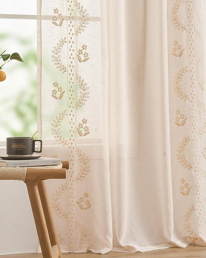 jinchan Belrose Linen Sheer Curtains for Living Room 96 Inch Length Sheer Voile Embroidered Floral Curtains for Bedroom Light Filtering Rod Pocket Window Treatments Farmhouse Decor 2 Panels Beige