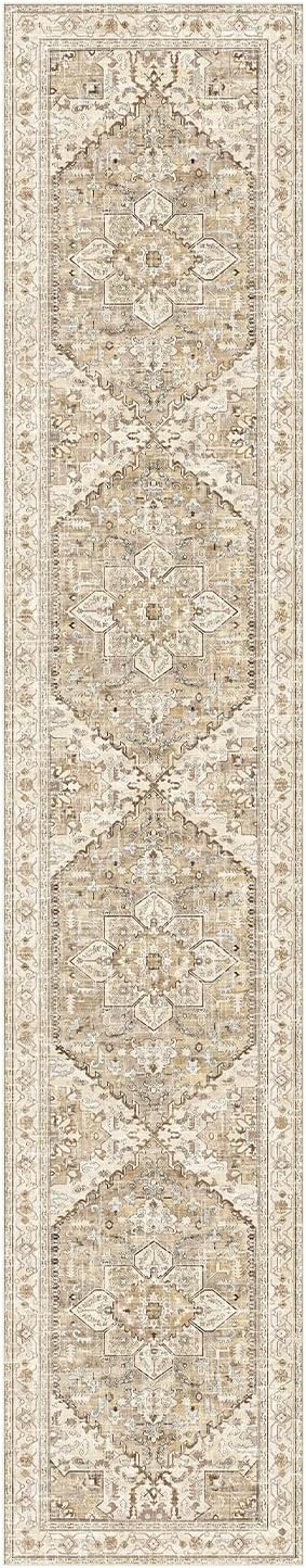 Yamaziot Washable Runner Rug, 2x10 Non-Slip Boho Vintage Hallway Rug Runner with Rubber Backing, Stain Resistant Faux Wool Distressed Carpet Runner for Kitchen, Laundry, Entrance, Beige Brown