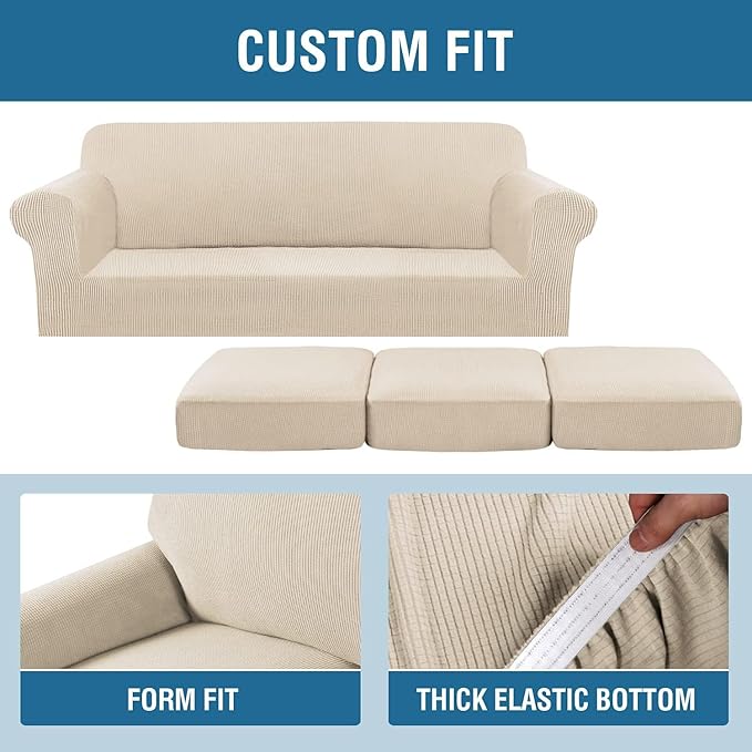 4 Piece Stretch Sofa Covers for 3 Cushion Couch Covers Furniture Slipcovers for Living Room (1 Base Cover Plus 3 Seat Cushion Covers) Thicker Jacquard Fabric Cover (XL Sofa, Natural)
