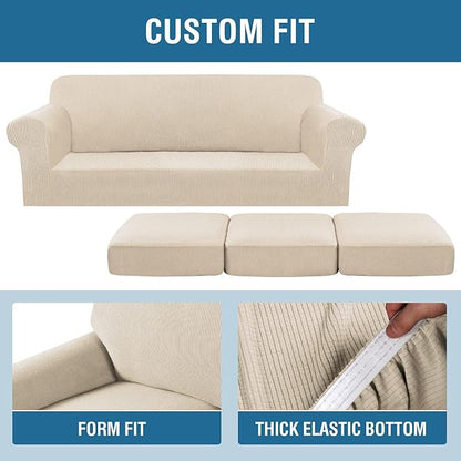 4 Piece Stretch Sofa Covers for 3 Cushion Couch Covers Furniture Slipcovers for Living Room (1 Base Cover Plus 3 Seat Cushion Covers) Thicker Jacquard Fabric Cover (XL Sofa, Natural)
