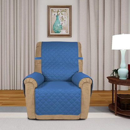 PureFit Reversible Quilted Sofa Cover, Water Resistant Slipcover Furniture Protector, Washable Couch Cover with Non Slip and Elastic Straps for Kids, Dogs, Pets (Small Recliner, Blue/Ivory)