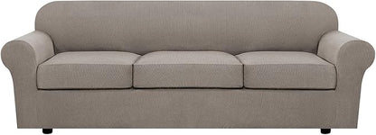 H.VERSAILTEX 4 Piece Stretch Sofa Covers for 3 Cushion Couch Covers for Living Room Furniture Slipcovers (Base Cover Plus 3 Seat Cushion Covers) Upgraded Thicker Jacquard Fabric (XL Sofa, Taupe)