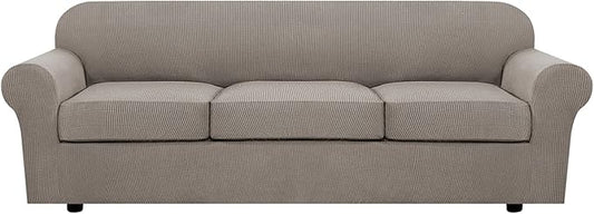 H.VERSAILTEX 4 Piece Stretch Sofa Covers for 3 Cushion Couch Covers for Living Room Furniture Slipcovers (Base Cover Plus 3 Seat Cushion Covers) Upgraded Thicker Jacquard Fabric (XL Sofa, Taupe)