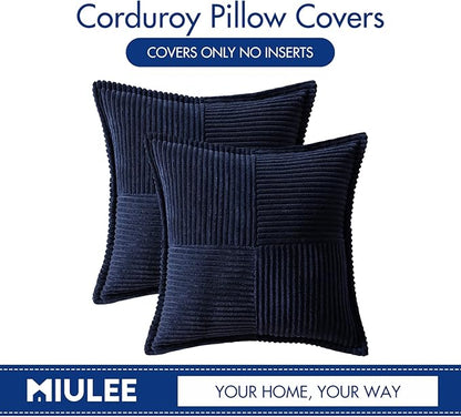 MIULEE Decorative Throw Pillow Covers for Couch Bed Livingroom 16x16 Inch Set of 2 Navy Blue Boho Accent Throw Pllows Broadside Striped Patchwork Soft Corduroy Summer Coastal Pillowcases