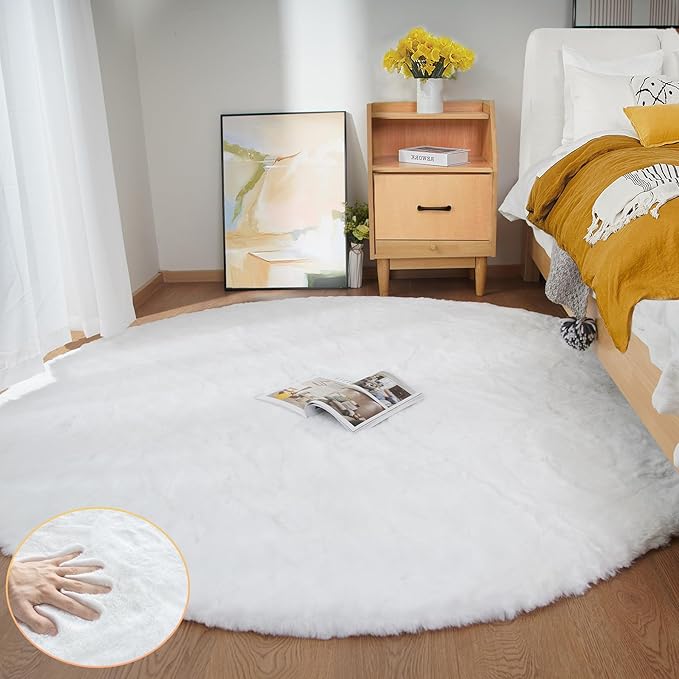 ORINOVA White Fluffy Round Rug 5ft for Bedroom Circle Faux Rabbit Washable Fur Area Rugs for Living Room Nursery Rug