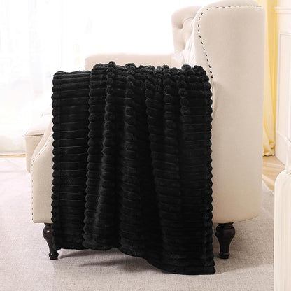 Black Fleece Throw Blanket 90”×90” for Couch Sofa Bed,Super Soft Cozy Plush Microfiber Flannel Blanket with Stripes Design Lightweight for Adults,Woman,Girls