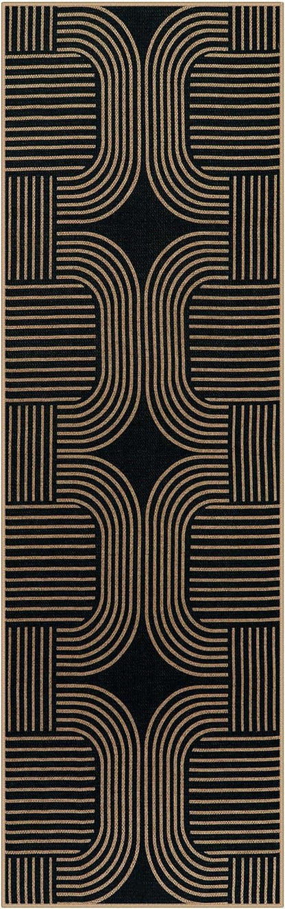 Lahome Enfys Modern Geometric Black Runner Rug, 2x8 Indoor Outdoor Hallway Kitchen Runner Rug with Rubber Backing, Farmhouse Washable Non Slip Non Shedding Floor Carpet for Bedroom Entry Patio