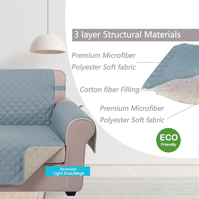 U-NICE HOME Reversible Oversized Chair Covers Quilted Water Repellent Pet Protectors with Elastic Straps(28''Armchair, Light Blue/Beige)