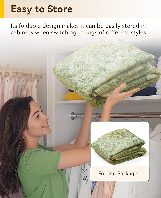 RELEANY Area Rugs 6'x9' Washable Non-Slip, Floral Vintage Distress Print Pattern Medallion Carpet for Living Room Bedroom Dining Room, Sage Green Yellow