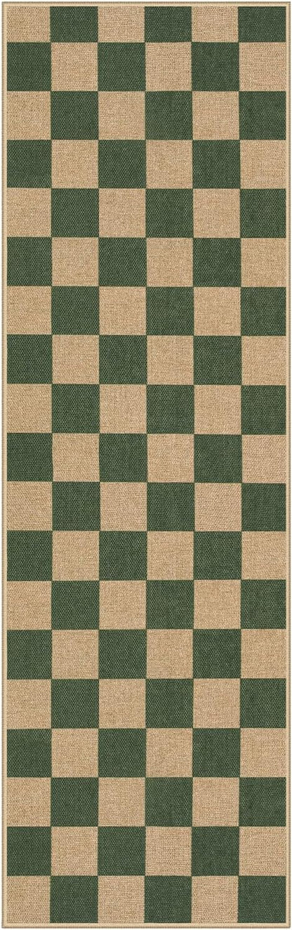 Lahome Colette Checkered Outdoor Runner Rug, 2x8 Green Kitchen Runner Rugs for Non Skid Washable Entryway Carpet, Checkerboard Non Slip Non Shedding Carpet for Bedroom