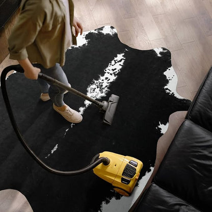AROGAN Premium Faux Cowhide Rug 158 x 140 cm/5.2 x 4.6 feet, Durable and Large Size Cow Print Rugs, Suitable for Bedroom Living Room Western Decor, Faux Fur Animal Cow Hide Carpet, Black