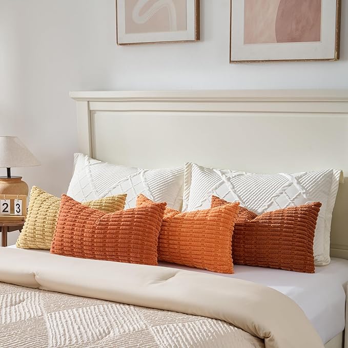 Fancy Homi Set of 4 Burnt Orange Fall Lumbar Rectangle Decorative Throw Pillow Covers 14x24 Inch for Couch Bed Chair, Farmhouse Boho Room Decor, Soft Fuzzy Thick Corduroy Textured Cushion Case 35x60cm