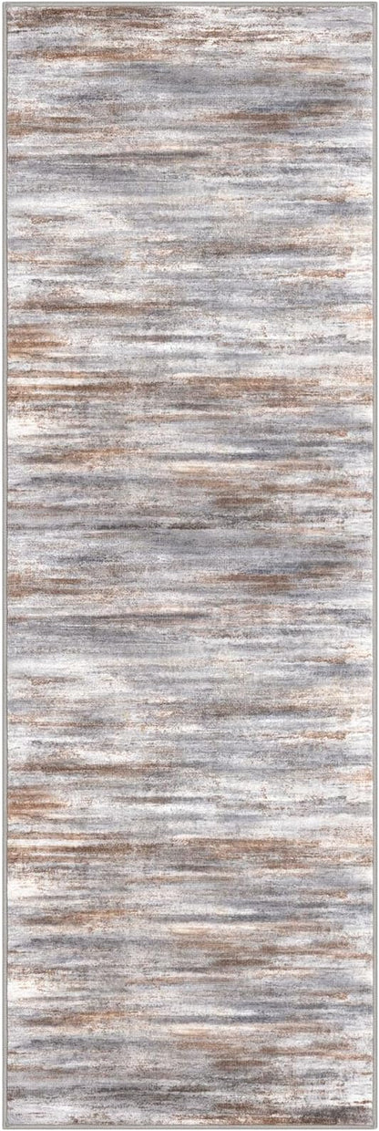 KOZYFLY Modern Abstract Kitchen Runner Rug, 2x6 Washable Rug Runner Non-Slip Soft Striped Hallway Runner Rugs, Grey Brown Print Carpet Runner for Entryway Bathroom Laundry Room Foyer