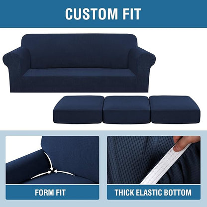 4 Piece Stretch Sofa Covers for 3 Cushion Couch Covers Furniture Slipcovers for Living Room (1 Base Cover Plus 3 Seat Cushion Covers) Thicker Jacquard Fabric Cover (XL Sofa, Navy)