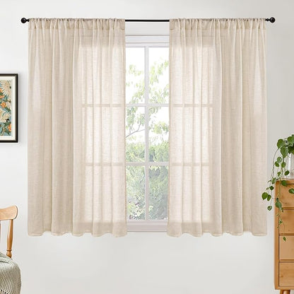 BGment Natural Linen Curtains 54 Inch Length for Short Windows, Burlap Drapes Semi Sheer Light Filtering with Rod Pocket Rustic Lightweight for Living Room, 2 Panels Set, 42 Inch Wide Each Panel