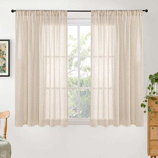 BGment Natural Linen Curtains 54 Inch Length for Short Windows, Burlap Drapes Semi Sheer Light Filtering with Rod Pocket Rustic Lightweight for Living Room, 2 Panels Set, 42 Inch Wide Each Panel