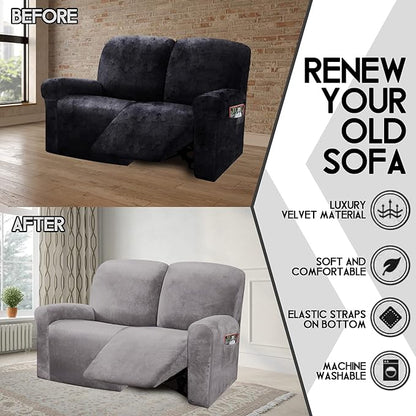 ULTICOR Reclining Love Seat Slipcover, 48" - 65" L, 6-Piece Velvet Stretch Loveseat Reclining Sofa Covers, 2 seat Love seat Recliner Cover, Thick, Soft, Washable (Light Grey)