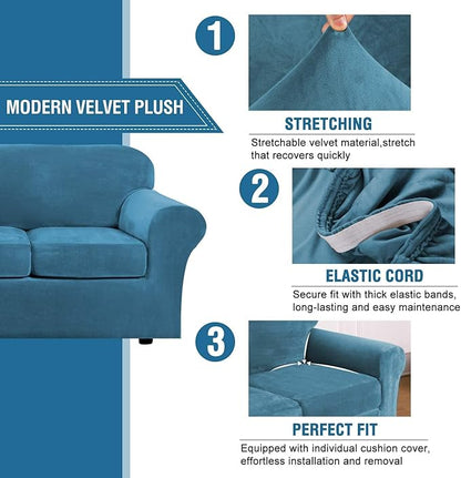 H.VERSAILTEX High Stretch Sofa Slipcover 4 Piece Cover Velvet Furniture Protector Form Fit Thick Velvet Extra Large Sofa Cover for 3 Cushion Couch Width Up to 97 Inch (Large Sofa, Peacock Blue)