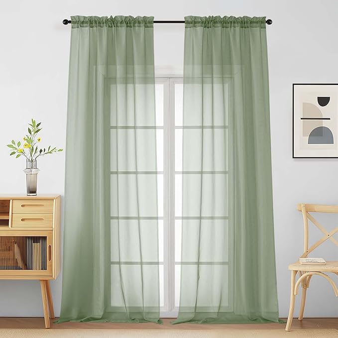 Sage Green Sheer Curtains for Window 96 Inches Long 2 Panels, Soft Airy Light Filtering Voile Sheer Curtains for Living Room Bedroom, Dual Rod Pocket Elegant Window Drapes, 2x42Wx96L Inches