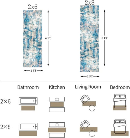 KOZYFLY Modern Abstract Area Rugs 8x10 Turquoise/Beige/Grey/Yellow Machine Washable Thin Rug for Bedroom Non-Slip Living Room Rug, Faux Wool Soft Low Pile Carpet for Dining Room, Bedroom, Bathroom