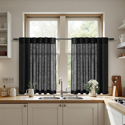 Nanspring Linen Kitchen Curtains 30 Inches Long Black Semi Sheer Short Curtains Back Tab Rod Pocket Solid Privacy Cafe Tier Curtain for Cafe Bathroom Basement 36x30,2 Panels