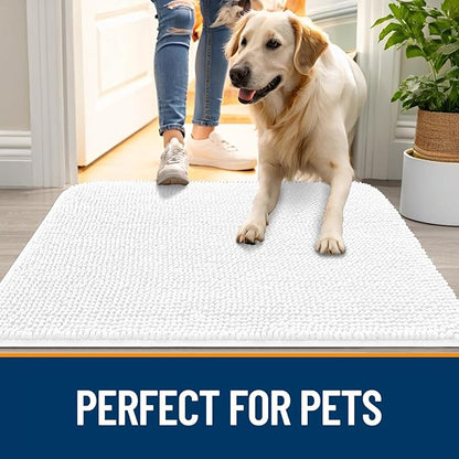 OLANLY Dog Door Mat for Muddy Paws 40x24, Absorbs Moisture and Dirt, Absorbent Non-Slip Washable Doormat, Quick Dry Chenille Mud Mat for Dogs, Entry Indoor Entryway Carpet for Inside Floor, White