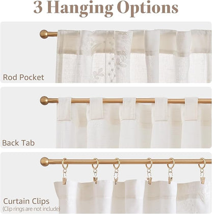 jinchan Belrose Linen Floral Kitchen Curtains 24 inch Length Embroidered Farmhouse Cafe Curtains for Living Room Bathroom Small Windows Curtain Set Sheer Light Filtering 2 Panels White