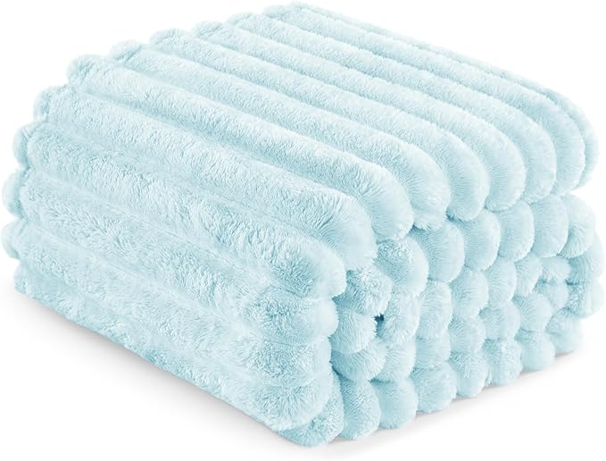 Exclusivo Mezcla Queen Size Flannel Fleece Blanket, Super Soft Striped Jacquard Bed Blanket, Lightweight Fuzzy Cozy for All Seasons, 90x90 Inches, Light Blue