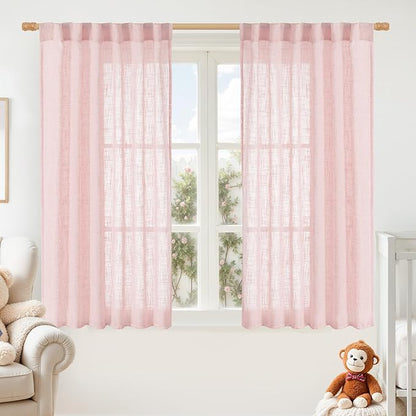 LAMIT Pink Linen Curtains 54 Inch Length 2 Panels, Light Filtering Panels Back Tab and Rod Pocket Neutral Drapes for Kids Room/Window/Bedroom, 52 x 54 Inch