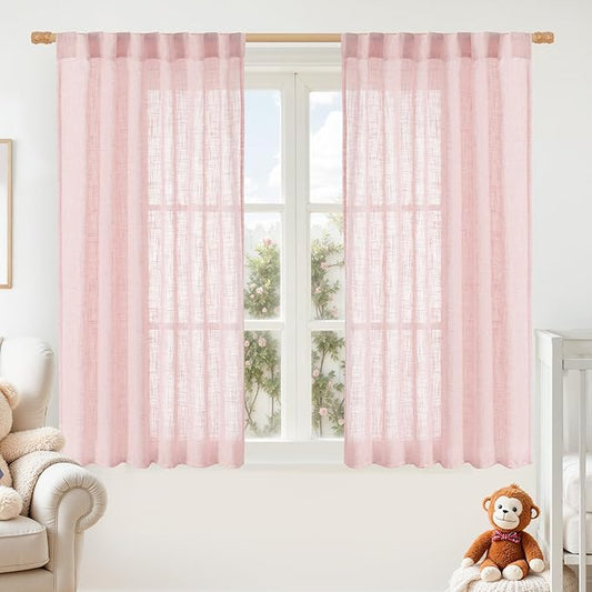 LAMIT Pink Linen Curtains 54 Inch Length 2 Panels, Light Filtering Panels Back Tab and Rod Pocket Neutral Drapes for Kids Room/Window/Bedroom, 52 x 54 Inch