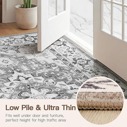 Lofus 3x5 Area Rugs for Living Room, Machine Washable Area Rug, Soft Small Rugs for Bedroom, Kitchen, Office and Indoor, Vintage Boho Carpet, Non-Slip Low Pile Carpets, Floral Grey