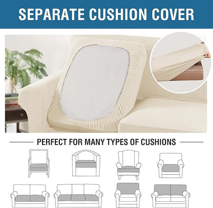 H.VERSAILTEX 4 Piece Stretch Sofa Covers for 3 Cushion Couch for Living Room Furniture Slipcovers (Base Cover Plus 3 Seat Cushion Covers) Thicker Jacquard Fabric (Large Sofa, Cream)
