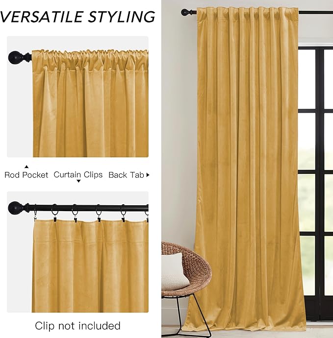 RYB HOME Mustard Yellow Velvet Curtains 96 inches, Back Tab Soft Fabric Room Darkening Thermal Insulated Luxurious Home Decor Curtains for Living Room Bedroom, W 52" x L 96", 2 Panels Set