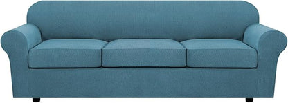 4 Piece Stretch Sofa Covers for 3 Cushion Couch Covers for Living Room Furniture Slipcovers (Base Cover Plus 3 Seat Cushion Covers) Upgraded Thicker Jacquard Fabric (XL Sofa, Storm Blue)