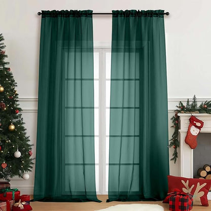 Green Sheer Curtains for Window 96 Inches Long 2 Panels, Soft Airy Voile Sheer Curtains for Living Room Bedroom, Dual Rod Pocket Elegant Window Drapes, Hunter Green, 2x42Wx96L Inches