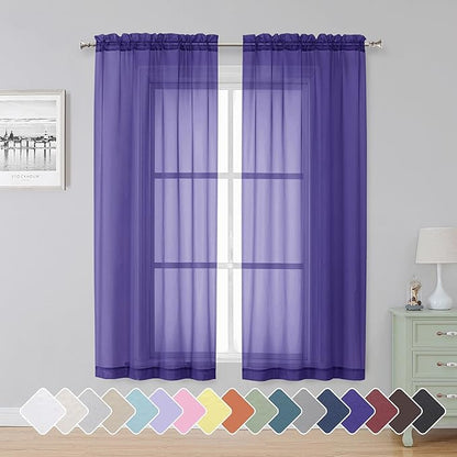 Simplebrand Purple Sheer Curtains 63 Inch Length 2 Panels, Rod Pocket Solid Color Window Sheer Curtain Panels, Elegant Curtains & Drapes for Living Room, Bedroom (Purple, 42" W x 63" L)