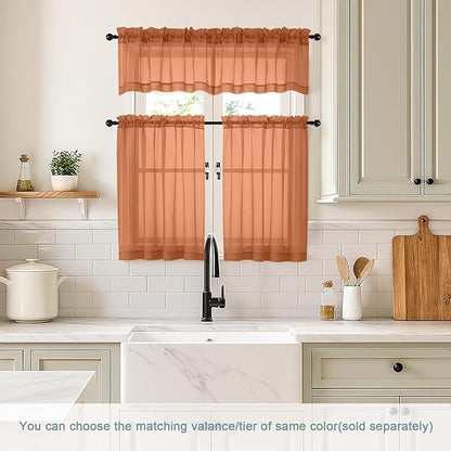 Orange Valances for Windows 14 inch Length 2 Panels Set, Small Voile Sheer Curtains for Bathroom, Soft Fabric Lightweight Light Filtering Kitchen Curtains, Dual Rod Pocket, 2x42Wx14L Inches