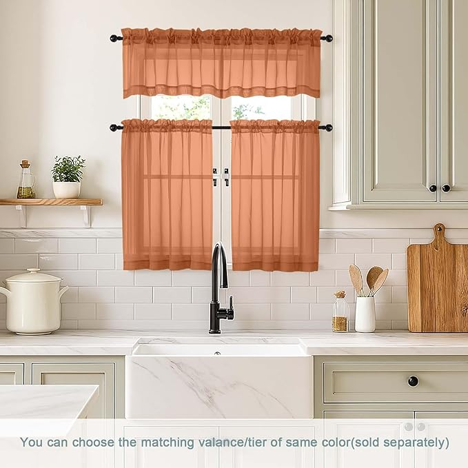 Orange Sheer Curtains Tier 30 Inches Length 2 Panels Set, Light Filtering Lightweight Soft Window Treatments Drapes, Cute Elegant Cafe Curtains for Nursery, Dual Rod Pocket, 2x42Wx30L Inches