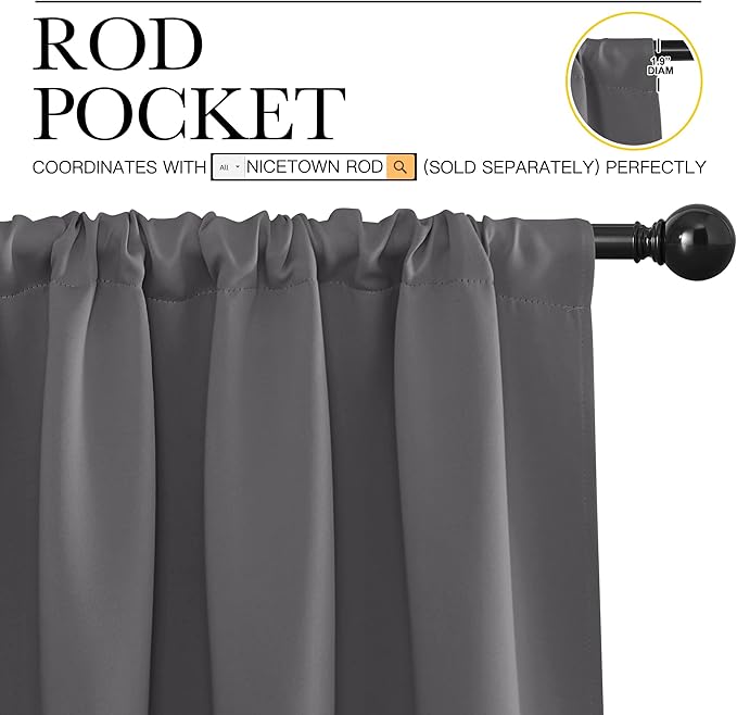 NICETOWN Grey Window Curtains for Bedroom - Home Decoration Thermal Insulated Rod Pocket Blackout Blinds & Drapes for Small Windows (Gray, 2 Panels, W42 x L54 -Inch)